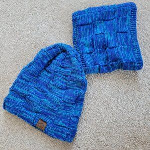 Blue Checkered Fuzzy Beanie Soft Fur Liner Ski Hat With Scarf Warm Knit Stretch